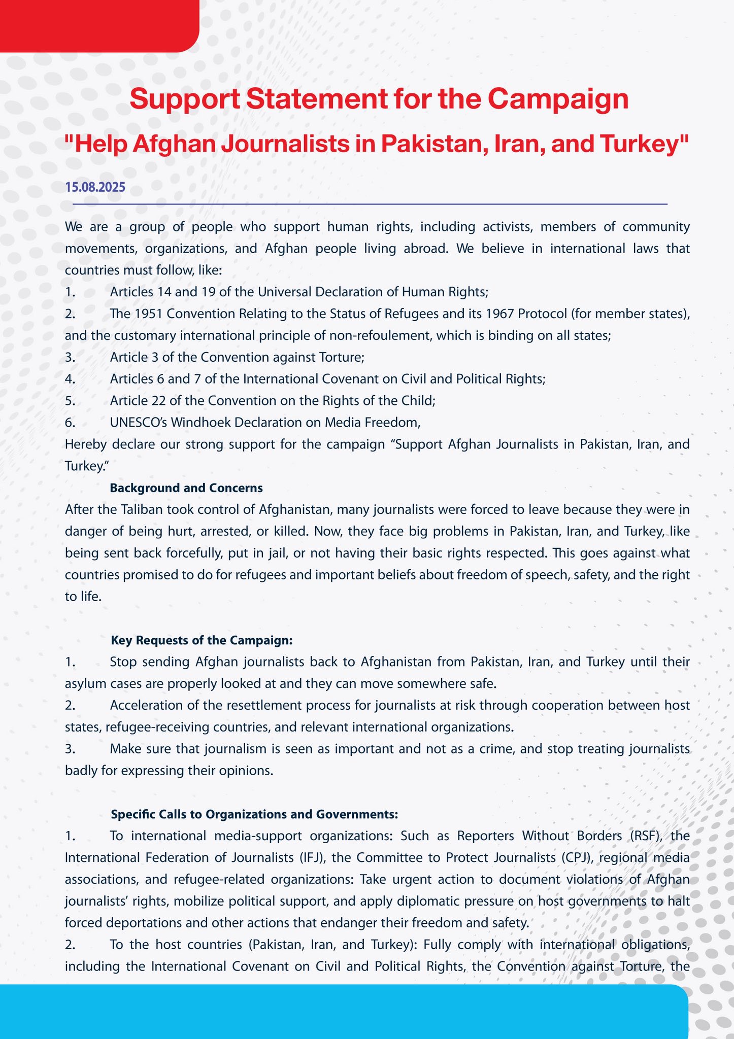 Statement in Support of the International Campaign to Protect Afghan Journalists in Pakistan, Iran, and Turkey, by 50 Human Rights Organizations and Protest Movements